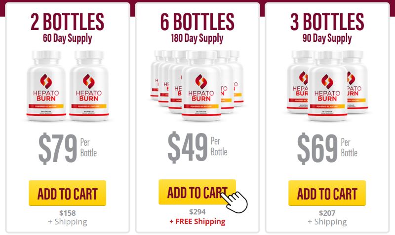 HepatoBurn pricing chart with best-value bundle options and discounts for long-term use HepatoBurn bottles with pricing chart showing single bottle, 3-bottle, and 6-bottle package deals