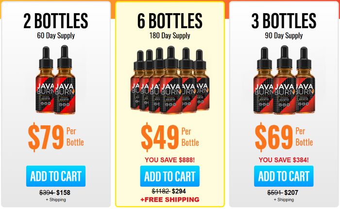 Java Burn pricing chart showing 2, 3, and 6 bottle bundles with per-bottle discounts and free shipping on larger orders