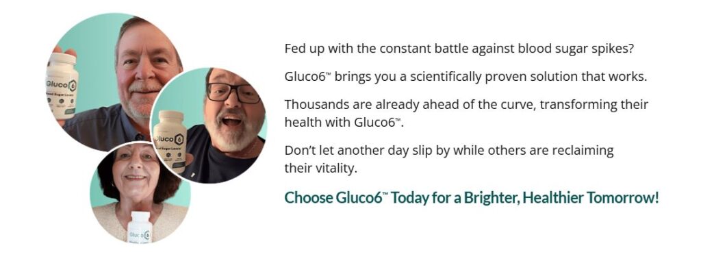 Happy middle-aged customers sharing Gluco6 supplement reviews with star ratings and positive blood sugar improvement feedback