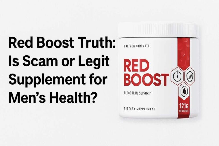 Feature image showing Red Boost supplement bottle with bold title "Red Boost Truth: Is Scam or Legit Supplement for Men’s Health?" on a clean background, sized for blog banner use