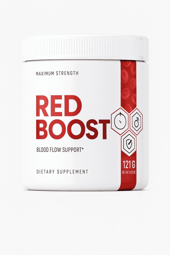 Red Boost dietary supplement bottle with clean white and red design, shown alone for mobile display, promoting blood flow support and male vitality Red Boost scam or legit