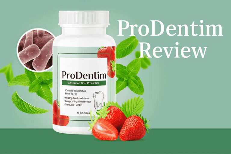 Feature image of ProDentim supplement bottle with strawberries and mint, highlighting oral health benefits for blog post review.