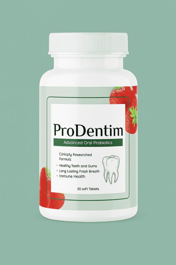 Single white bottle of ProDentim oral probiotics shown with strawberry graphics on a green background, promoting dental and gum health.