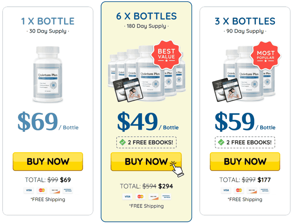 Comparison chart of Quietum Plus pricing for one bottle, two bottles, and four-bottle bundles