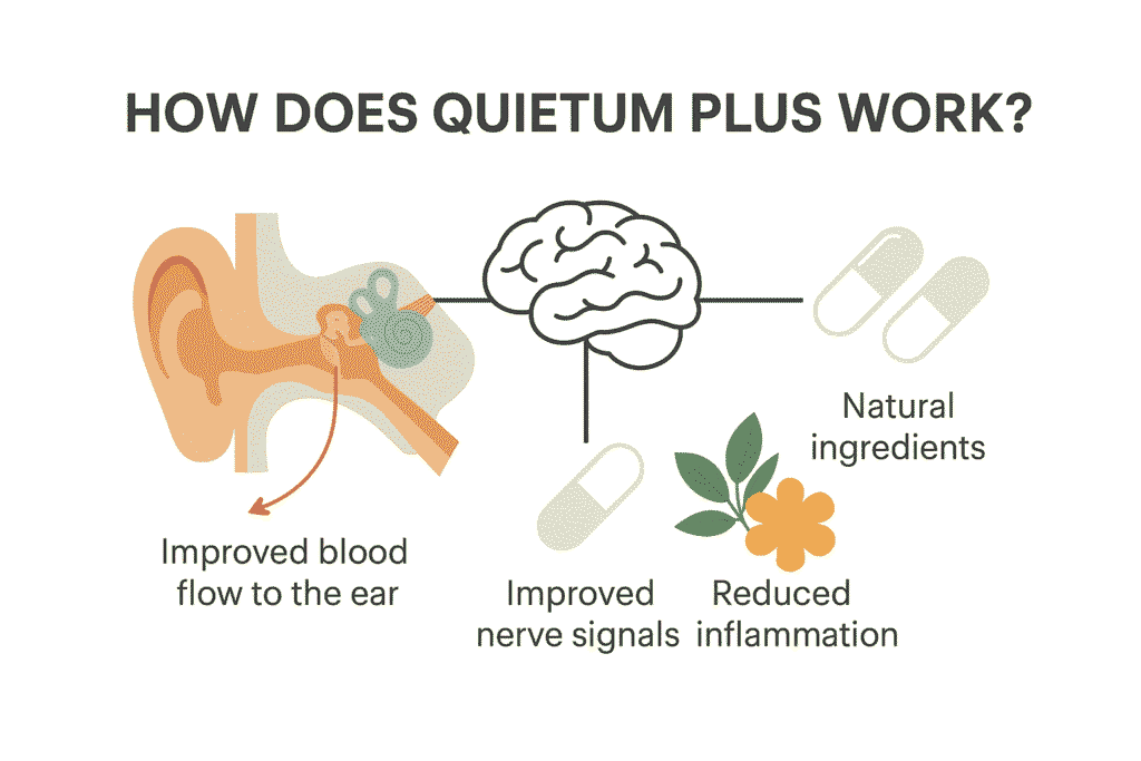 Illustration of ear nerves and brain pathways showing how Quietum Plus supports hearing