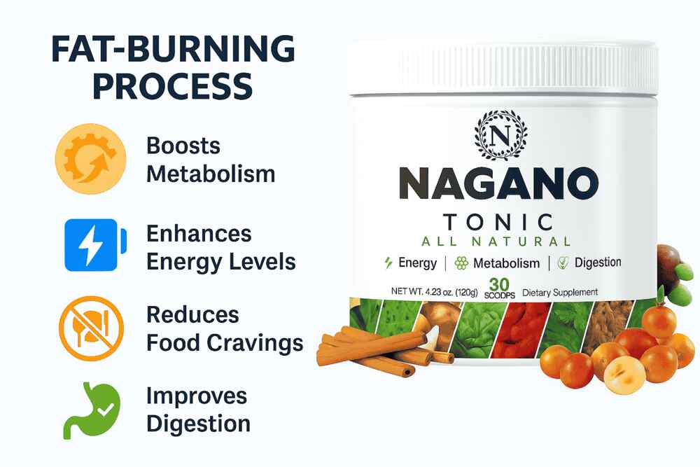 Illustration explaining how Nagano Tonic boosts metabolism, supports digestion, and enhances energy through herbal ingredients.