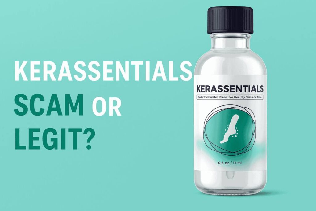 Kerassentials bottle with text overlay saying “Scam or Legit” in a featured blog banner design