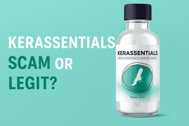Kerassentials bottle with text overlay saying “Scam or Legit” in a featured blog banner design