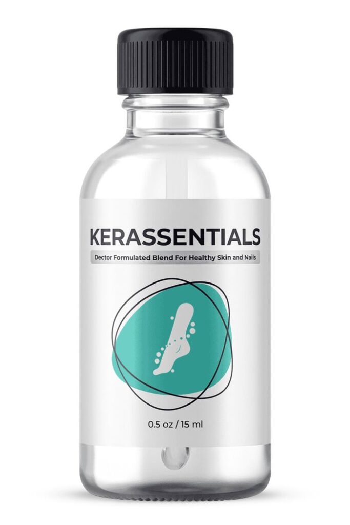 single transparent bottle of Kerassentials antifungal oil with label visible, placed on a light background