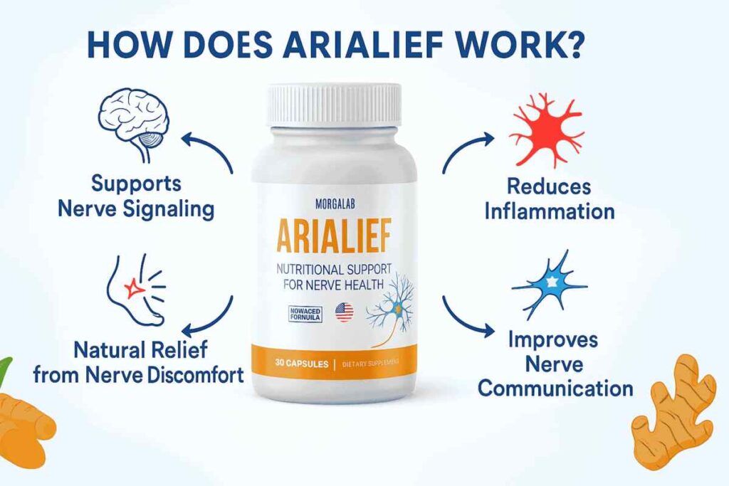 Diagram explaining how Arialief works to support nerve repair, reduce inflammation, and improve circulation