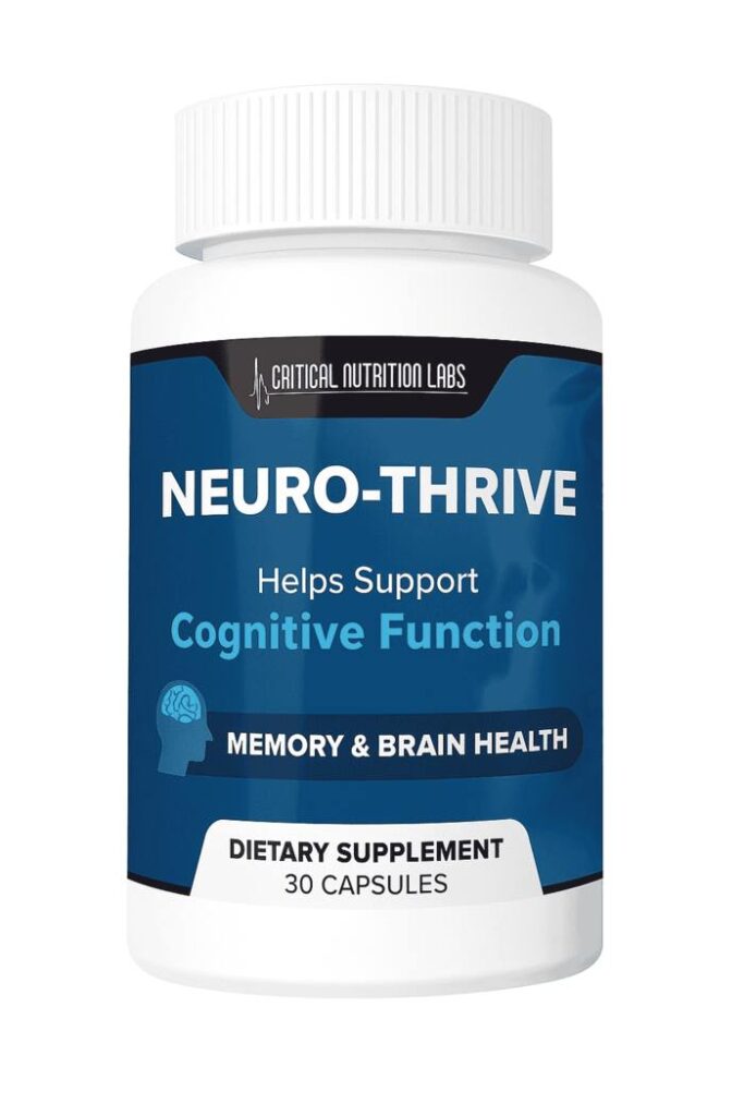 Front view of a NeuroThrive supplement bottle designed for memory, focus, and mental clarity