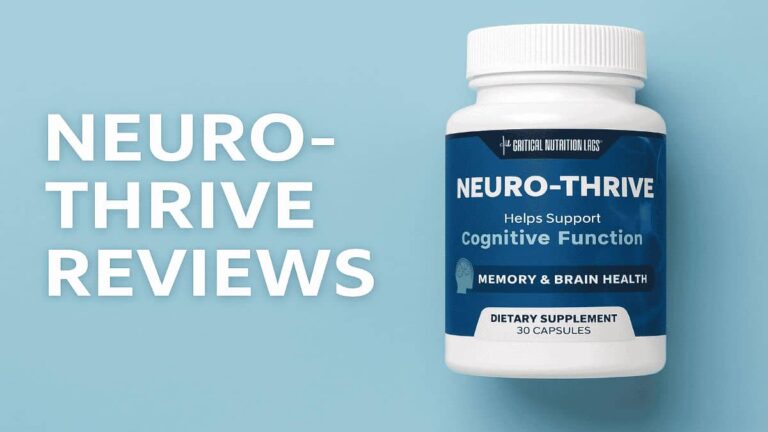 NeuroThrive bottle featured with brain health icons and review rating for focus and memory support