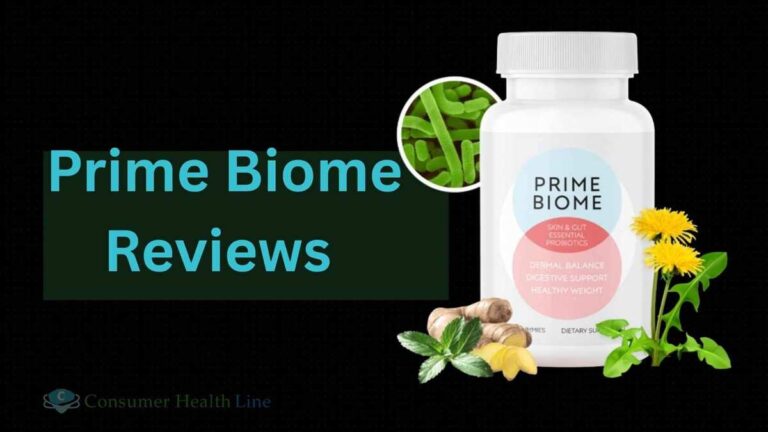 PrimeBiome bottle with text overlay "Prime Biome Reviews" by Consumer Health Line