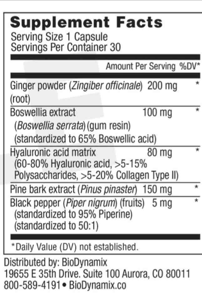 List of natural ingredients in Joint Genesis including turmeric, Boswellia, hyaluronic acid, and BioPerine