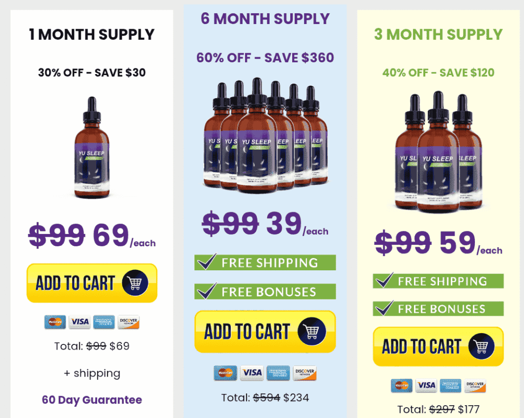 Yu Sleep pricing chart with options for 1, 3, and 6 bottles and 100% money-back guarantee