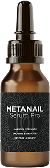 Single bottle image of Metanail Serum Pro with text showing real user reviews – scam or legit?