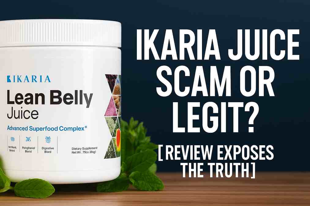 A bottle of Ikaria Lean Belly Juice supplement with title: Scam or Legit 2025 Review