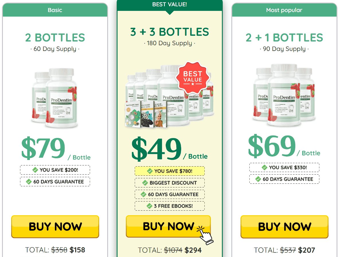 Visual breakdown of ProDentim pricing for 1, 3, and 6 bottle packages, showing best value, free bonuses, and 60-day money-back guarantee.
