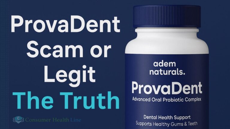 Feature image of ProvaDent oral probiotic supplement bottle with bold text "ProvaDent Scam or Legit" on a blue background, representing a 2025 review of the product’s legitimacy and dental health benefits.