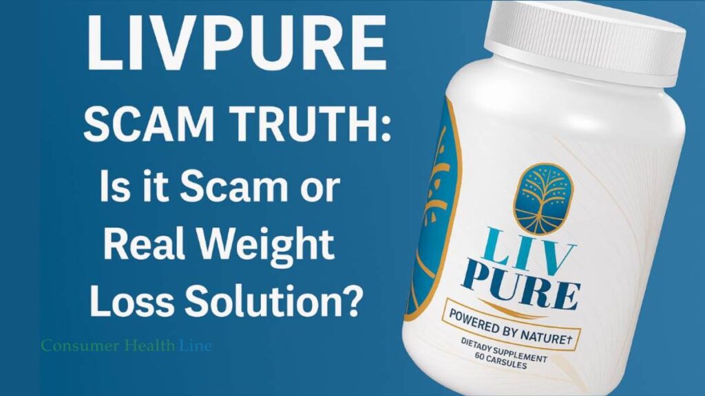 LivPure supplement bottle with text asking if LivPure scam or legit weight loss solution on a blue background.