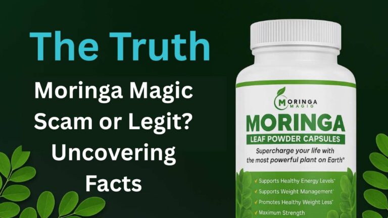 Moringa Magic leaf powder capsules bottle with benefits listed, promoting natural weight loss, energy boost, and healthy lifestyle.