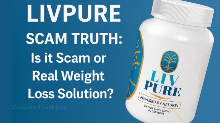 LivPure supplement bottle with text asking if LivPure is a scam or real weight loss solution on a blue background.