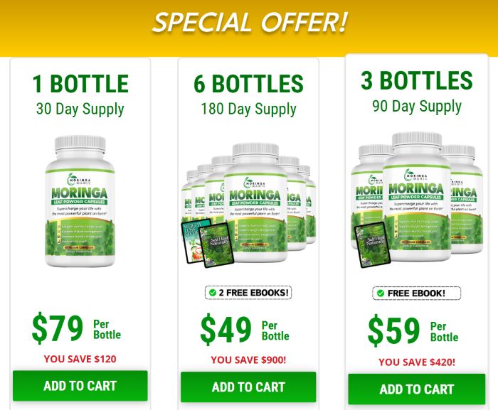 Moringa Magic pricing chart showing single bottle, bundle deals, and discount offers available on the official website.