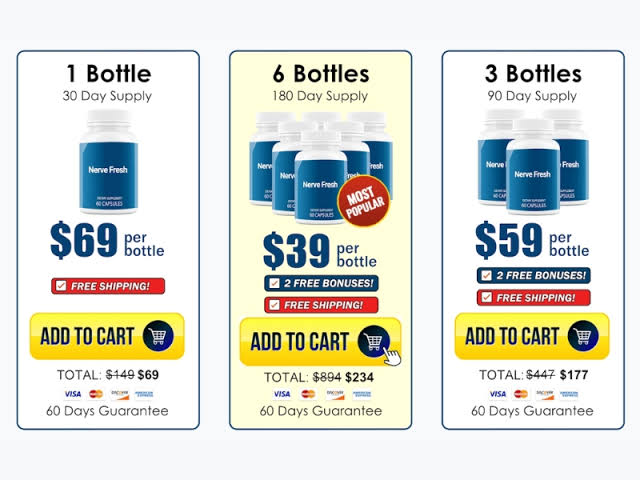 Chart displaying Nerve Fresh pricing for 1, 3, and 6-bottle bundles with discount offers and money-back guarantee