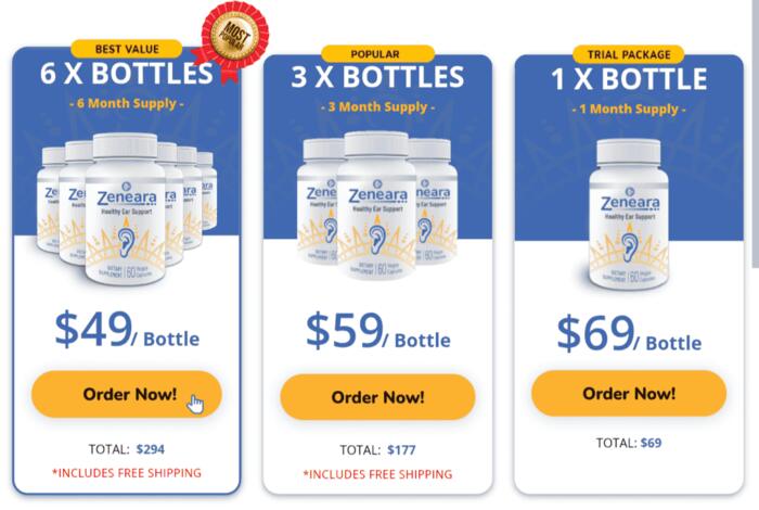 Zeneara scam or legit supplement pricing chart showing 1, 3, and 6 bottle options with discount and refund policy