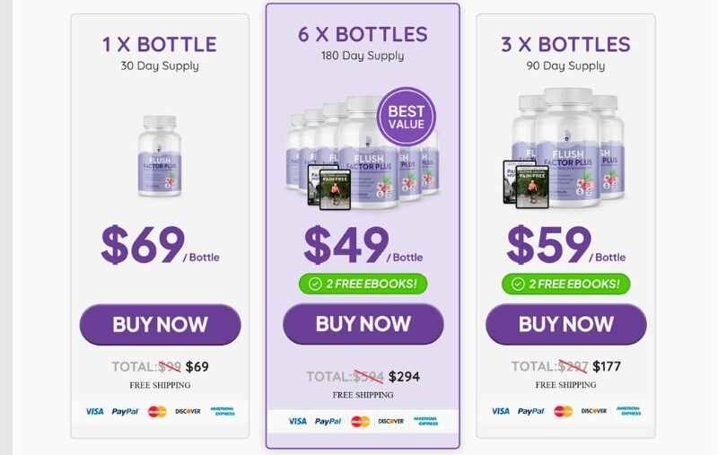 Flush Factor Plus scam bundle pricing for 1, 3, and 6 bottles with free shipping and discounts