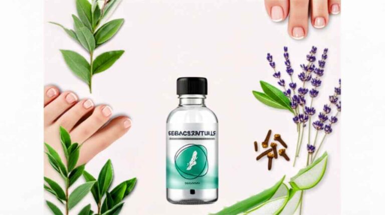 Real Kerassentials bottle surrounded by tea tree, lavender, and aloe vera with healthy nails – representing natural antifungal nail treatment.