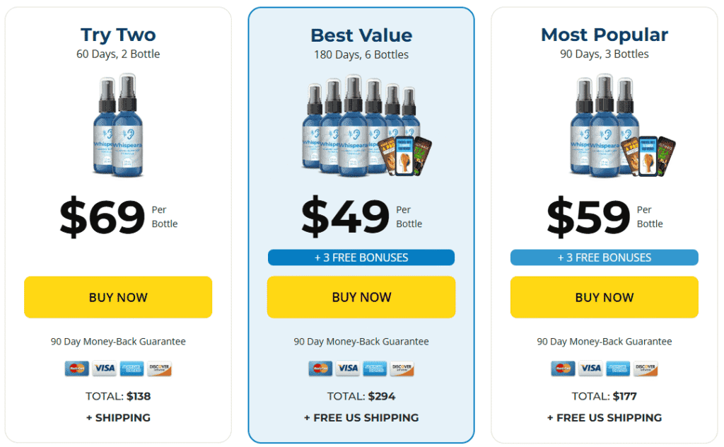 Whispeara 3- and 6-bottle bundles showing pricing and free shipping offers